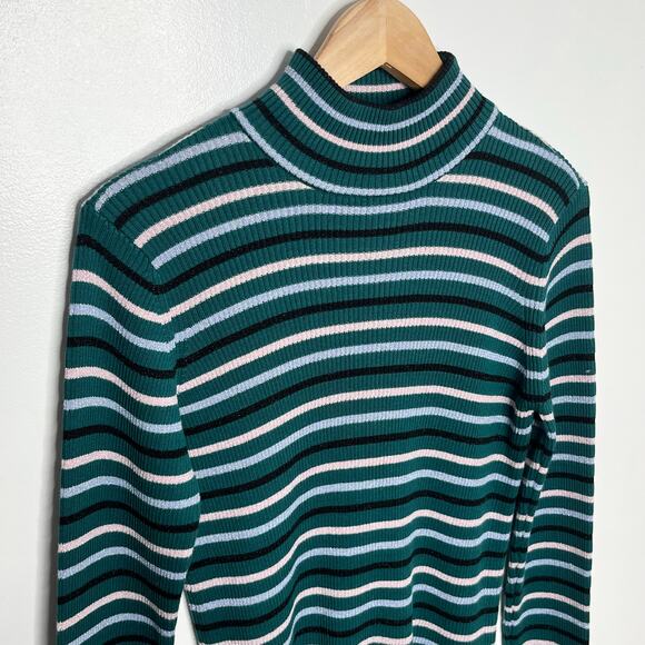 ModCloth Womens Long Sleeve Turtleneck Ribbed Sweater XL Green Stripe Sparkle - Picture 3 of 8